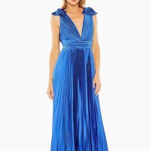 Mac Duggal Pleated Deep V-Neck Sleeveless Shoulder Detail Asymmetrical Hem Gown